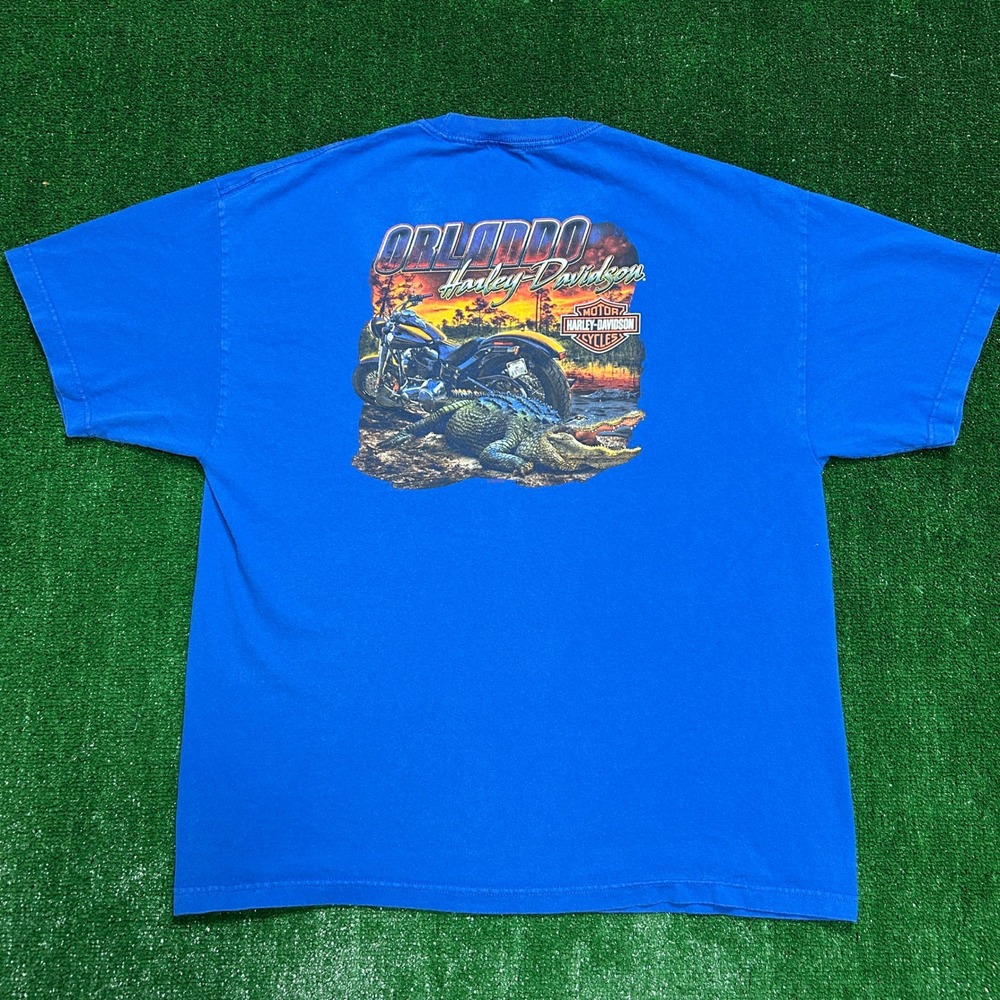 Harley Davidson T-Shirt Mens XL Blue Orlando Florida Alligator Graphic Tee